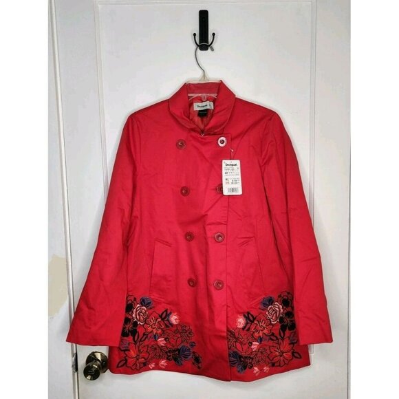 DESIGUAL Embroidered Norma Coat Jacket Trench Size 42 / US 8 Tomato Red Cotton - Picture 1 of 8